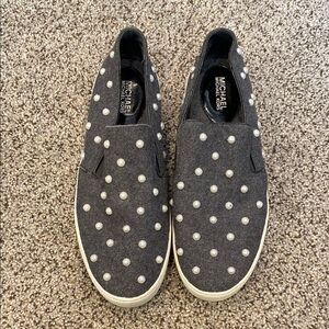Michael Kors Women's Gray Slip-On Shoes with Pearl Embellishments, Size 9